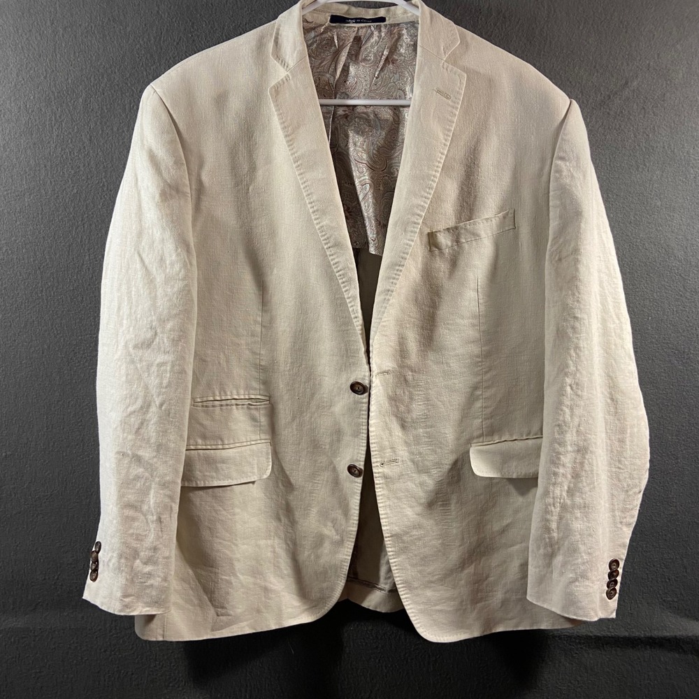 Flusser Sport Coat Mens 46R 100% Linen Beige 2 Button Double Vent notch lapel